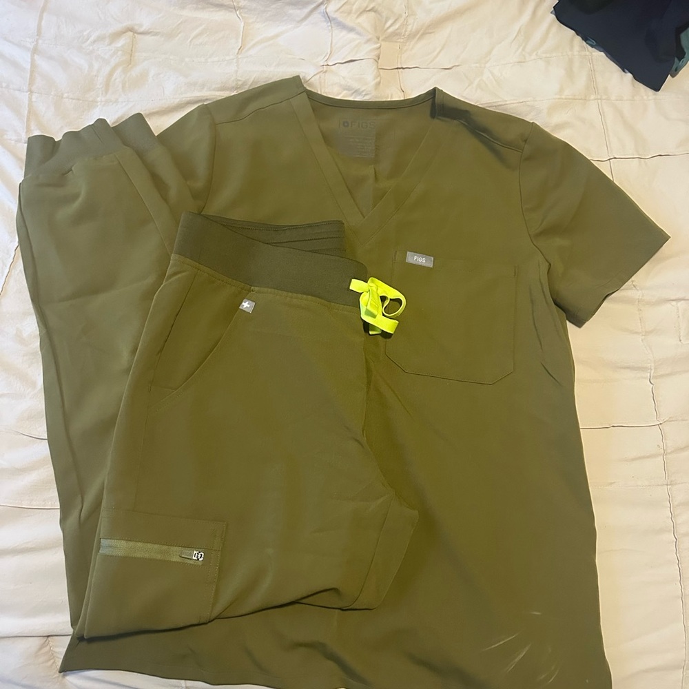Figs Olive Green Scrub Set with Neon Yellow Accent